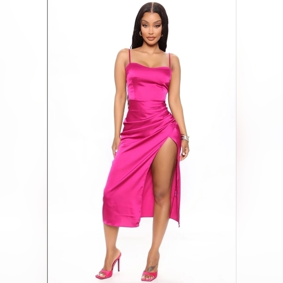 NWOT Silk satin Midi Fushia Pink Dress - Picture 1 of 5